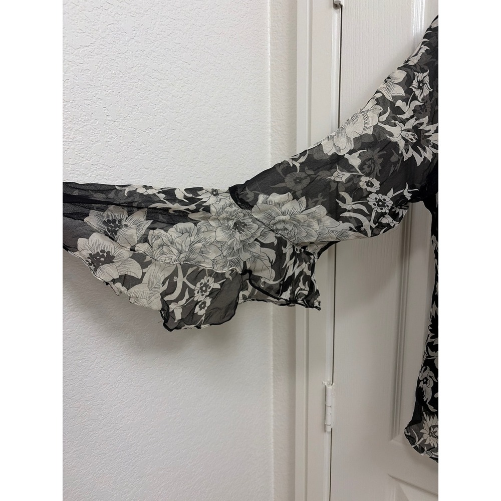 Blouse Floral Whimsigoth Worthington Women XL Silk Flutter Sleeve Tie Front - Picture 2 of 10